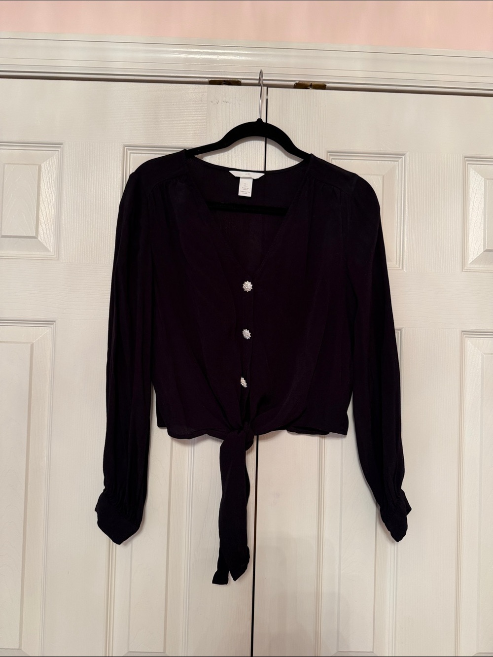 H&M Black Long-Sleeve Tie-Front Blouse with Decorative Buttons